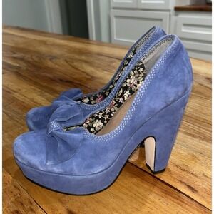 SEYCHELLES Heels Ampersand Suede Platform Bow Almond Toe 4.25" Pumps Blue Sz 6